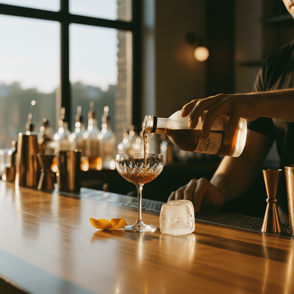 Professional bartender preparing a signature cocktail with precision and skill at an upscale event