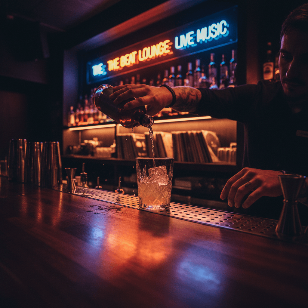 Skilled bartender preparing handcrafted signature cocktail at mobile bar setup with warm candlelit ambiance